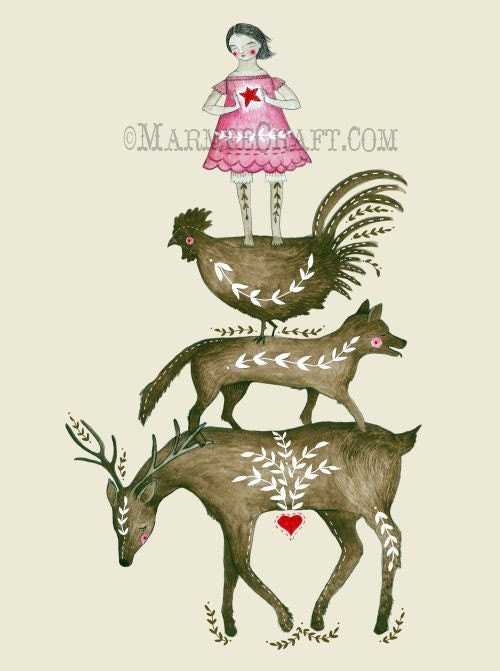 Folk animals girl art print, "Folkling Quartet"