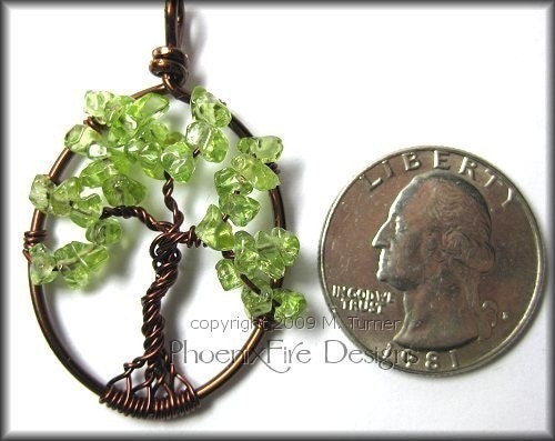 Tree of Life Pendant in Peridot Gemstone and Brown Wire