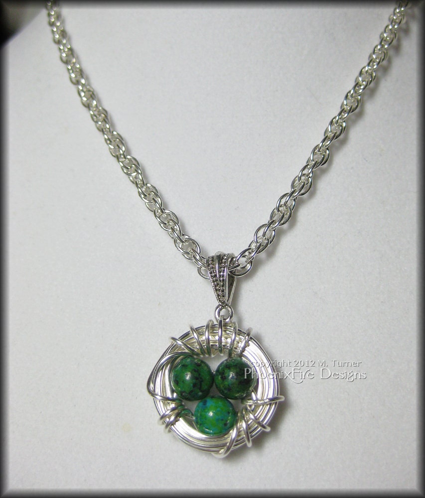 Bird Nest Pendant with Chrysocolla Eggs in Sterling Silver Wire Wrapped Motherhood