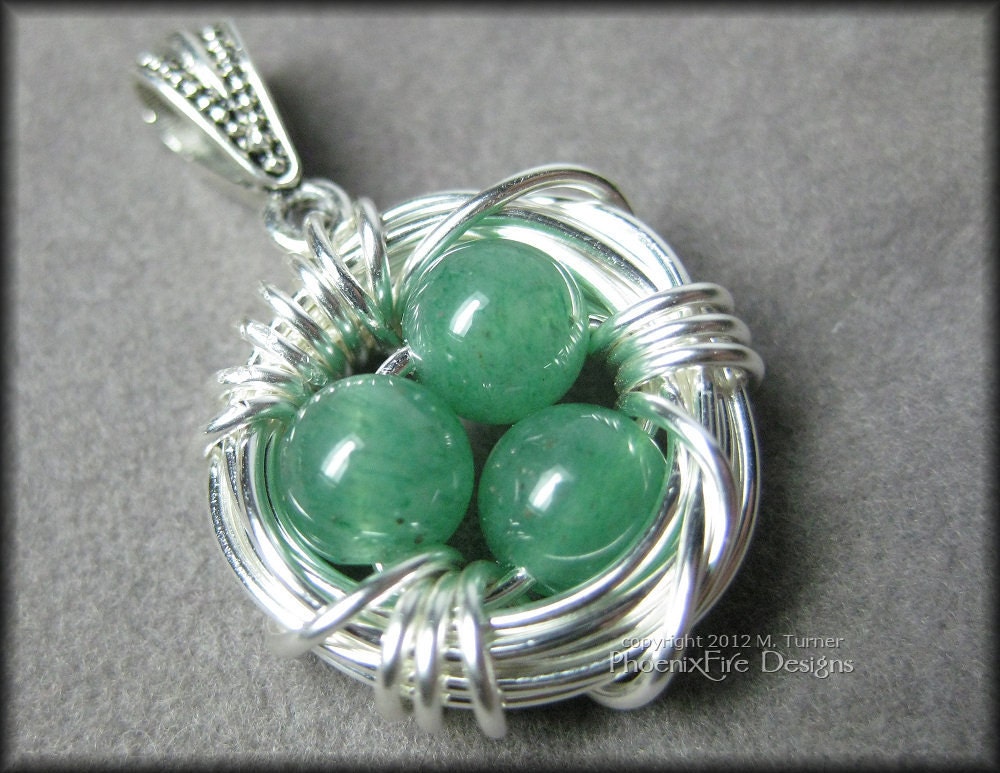 Bird Nest Pendant with Green Aventurine Eggs in Sterling Silver Wire Wrapped Mother's Day Mom Mum