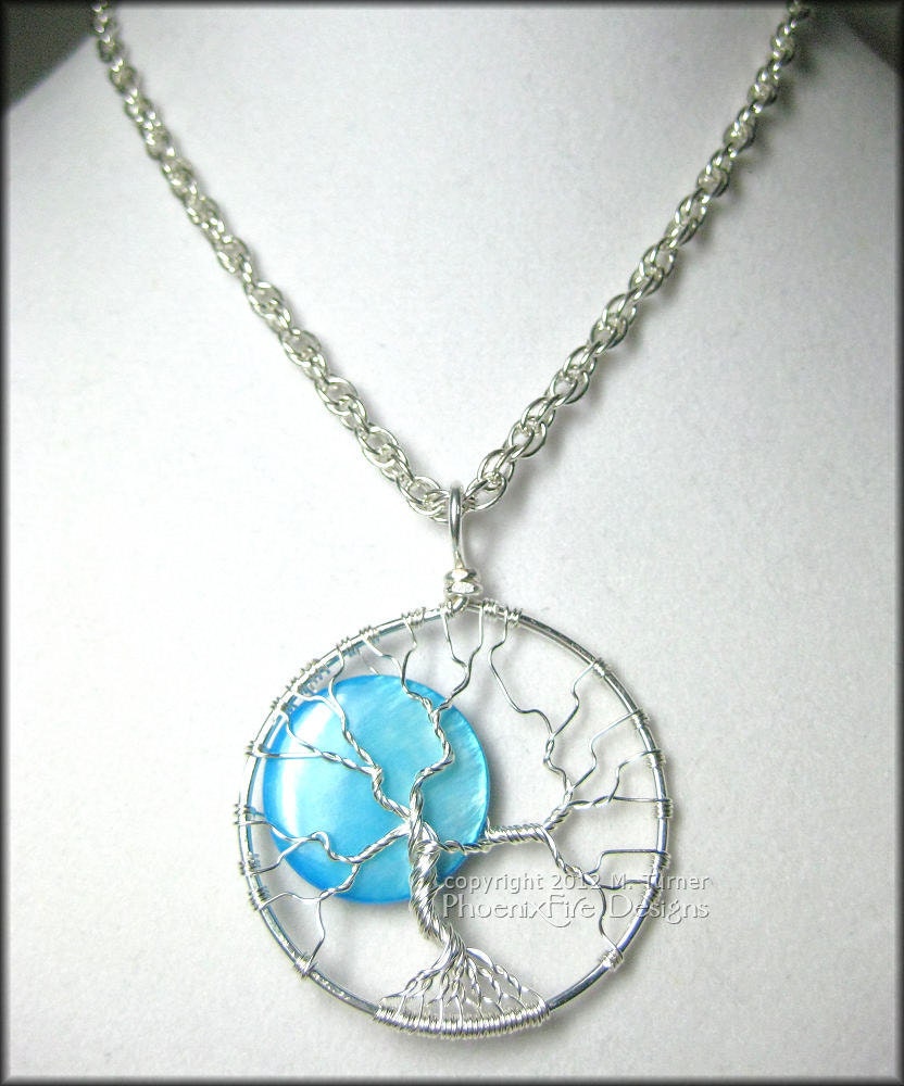 Once In A Blue Moon - Full Moon Tree of Life Pendant in Sterling Silver Wire with Aqua Blue Pearl Shell Original Design Miss M. Turner PFD