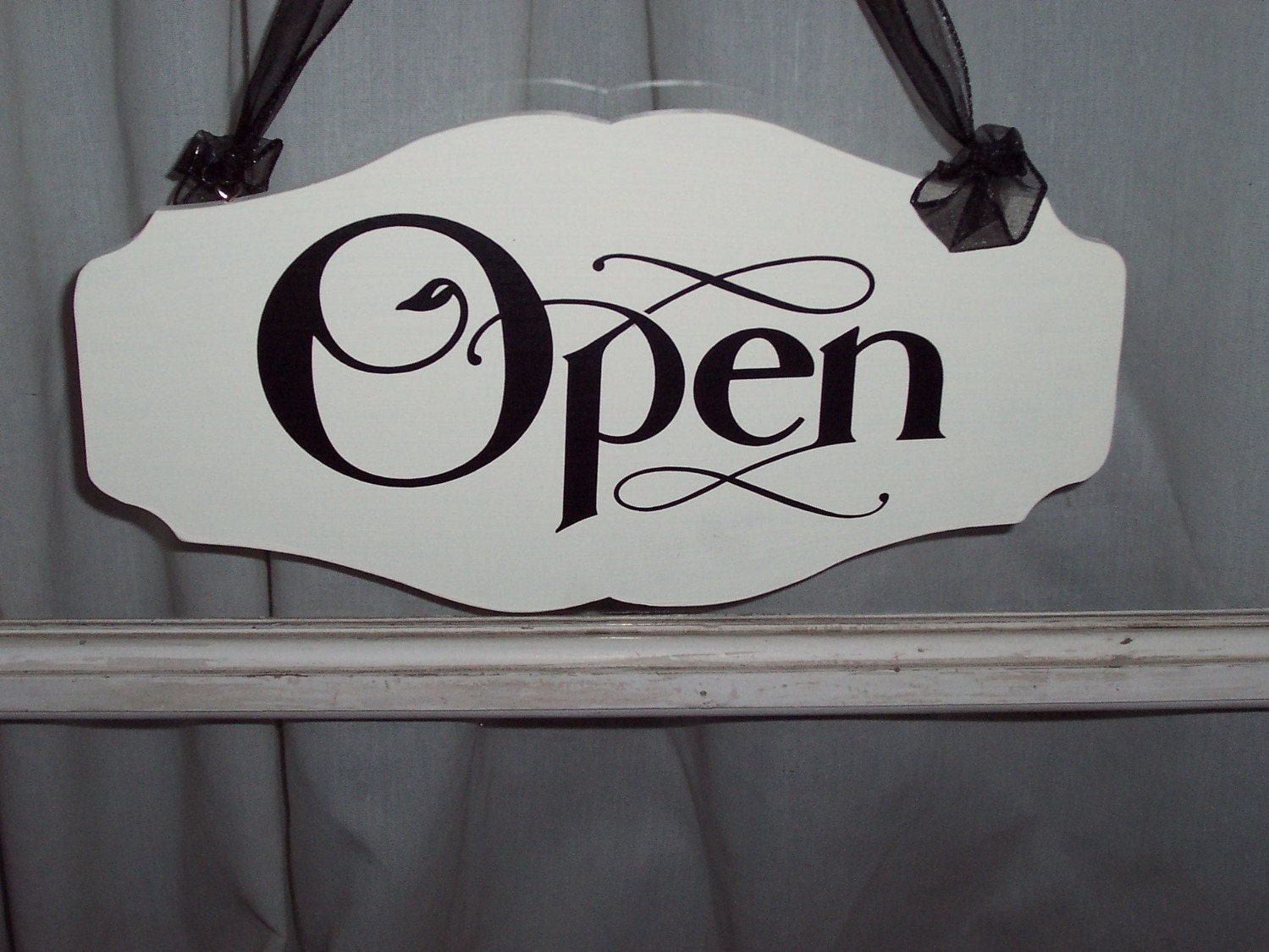 Whimsical Vintage Chic Style Shop Open Close Store Hours Scalloped Wood Vinyl Sign - Large