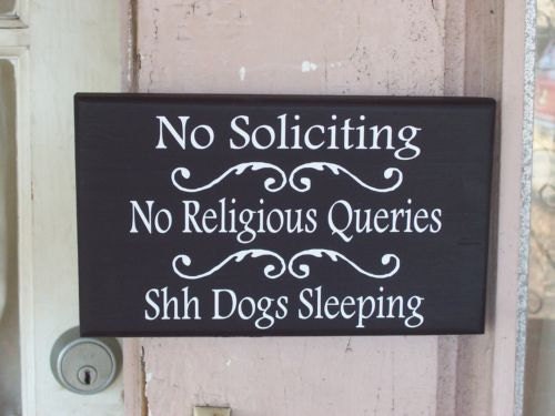 Whimsical Cottage Wood Vinyl Sign - No Soliciting No Religious Queries Shh Dogs Sleeping- Home Decor Door Hanger