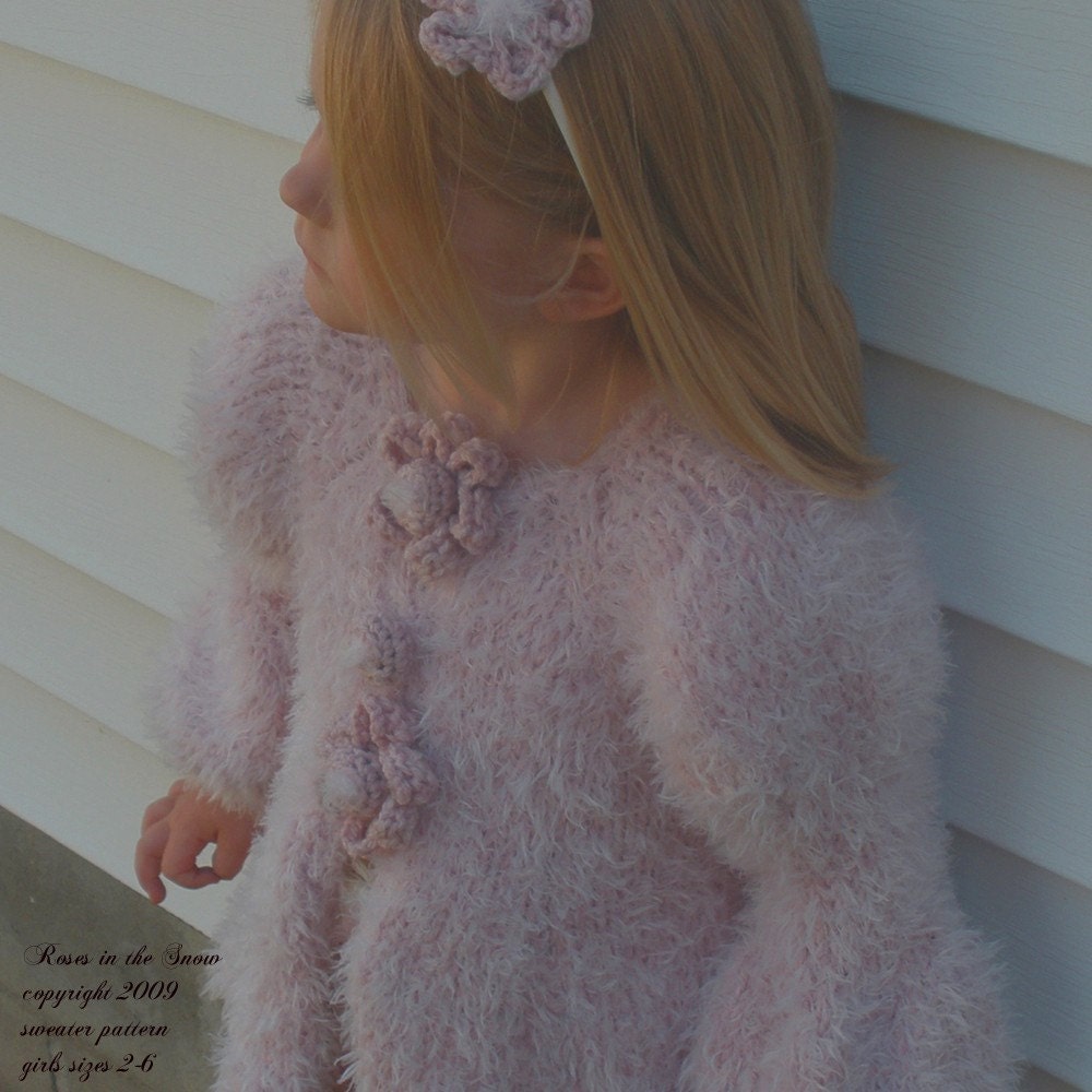 Roses in the Snow pdf knit sweater pattern for girls age 2-6