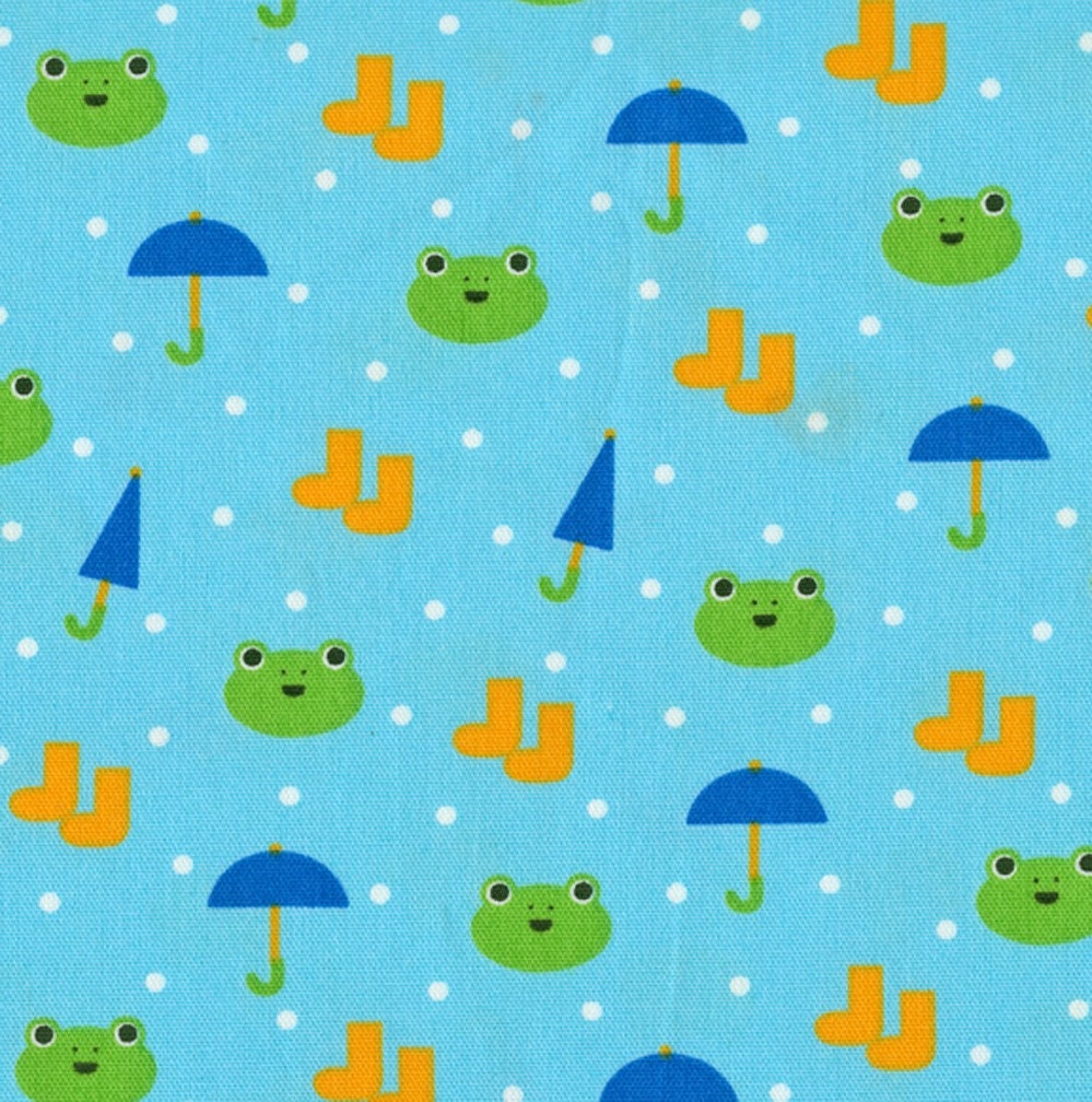 Minny Muu Rainy Day Frog on Light Blue - Japanese Fabric, Half Yard