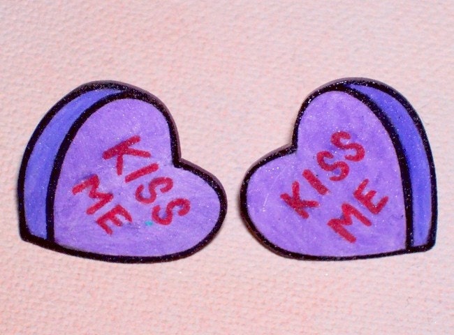 kiss me purple candy hearts valentine stud earrings