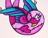 pink teal and purple zombie sparrow necklace