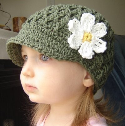 Children's Daisy Visor Beanie - army green, yellow, eggshell