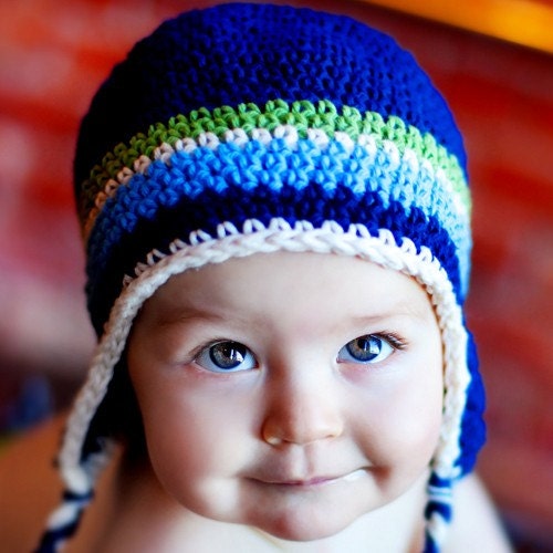 Children's Earflap Beanie - navy, light sage, eggshell, light blue