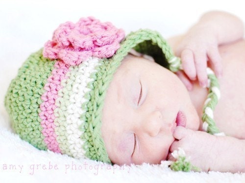 Baby Flowered Earflap Beanie - light sage, rose pink, celery, ecru