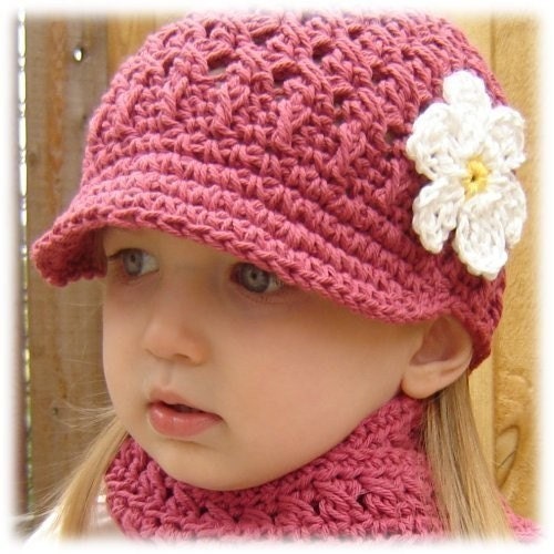 Children's Daisy Visor Beanie - dark rose, yellow, white