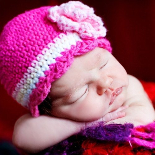 Baby CandyStripe Flapper Beanie - fuchsia, pastel pink, vanilla, white