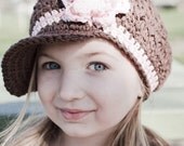 Children's CandyStripe Newsgirl Beanie - chocolate, pastel pink, rose pink, eggshell
