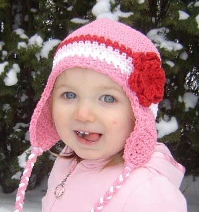 2 to 4T Flowered Earflap Beanie - rose pink, red, pastel pink, white