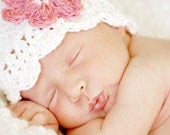 6 to 12 Month Daisy Flapper Beanie - vanilla, pastel pink, rose pink