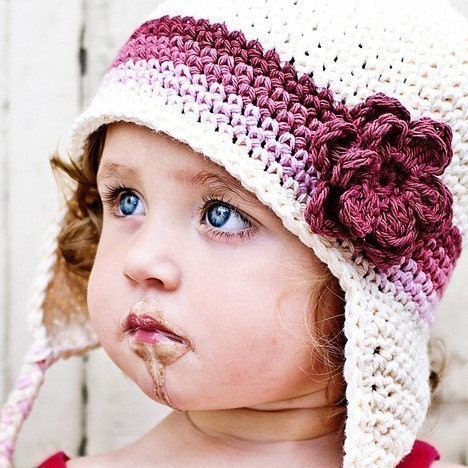 Children's Flowered Earflap Beanie - vanilla, dark rose, rose pink, pastel pink