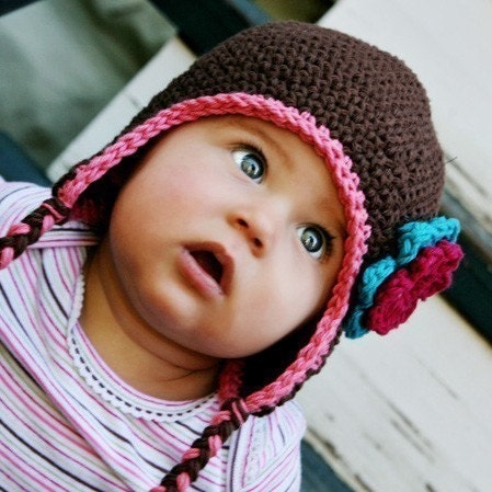 Children's Flowered Earflap Beanie - chocolate, rose pink, cranberry, peacock