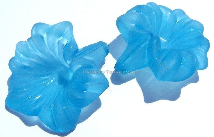 Frosted Blue Flower Pendant Beads Lot of 2 Large  Acrylic 30mm x 32mm - PC549B