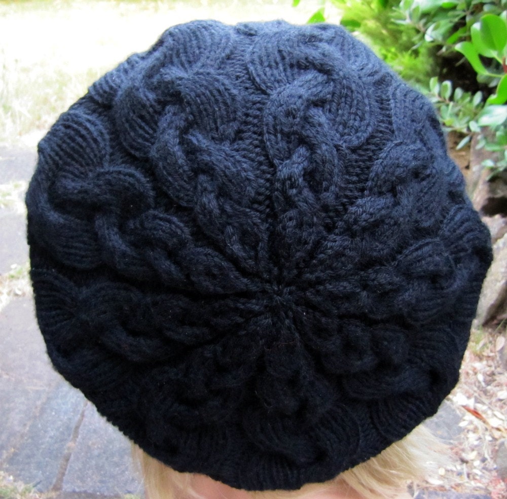 Hand knit Hat - Slouchy Cable Beret - Black - made to order