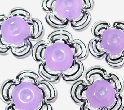 Lilac Purple and Black Swirl Lampwork Glass Flower Beads