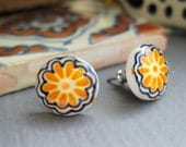 Mexican Jewelry, Southwestern chic, Miniature Mexican Talavera tile Post Earrings, Yellow gold marigold flower, Day of the Dead