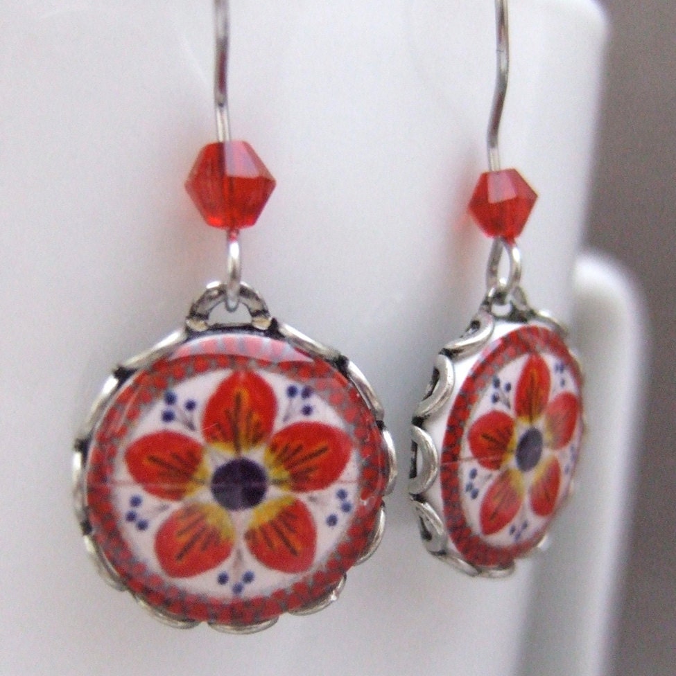 Mexican Talavera tile cabochon, Mexican jewelry, Dangle drop earrings, red earrings, Global fashion