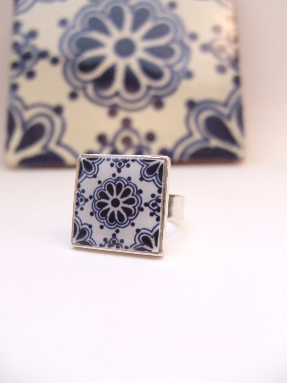 Mexican Ring, Talavera tile miniature, sterling silver, adjustable, Southwest chic, Day of the dead, Dia de los Muertos jewelry