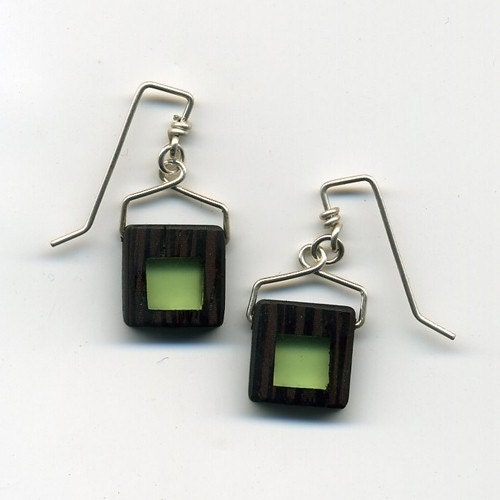 seaglass green resin and wenge wood square earrings