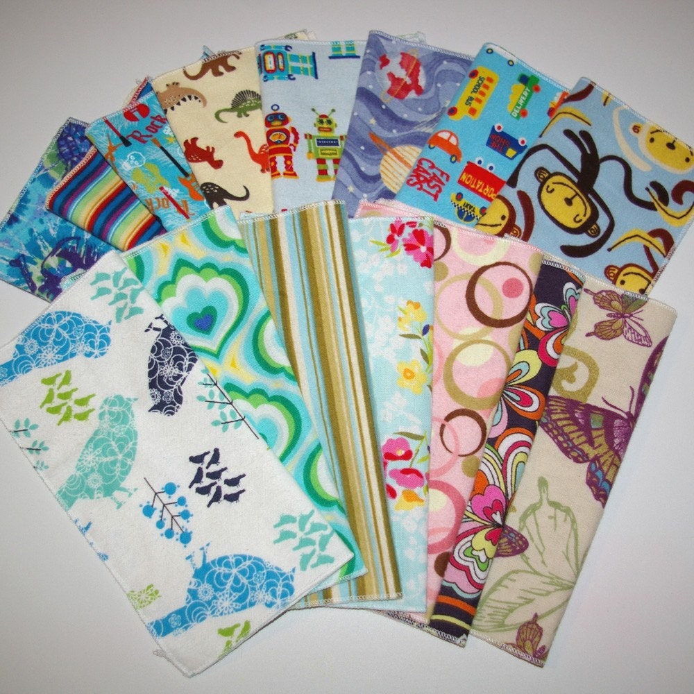 Wonder Wipes Reusable Flannel Wipes  Napkins Hankies set of 24 single or 12 double thick U PICK COLORS or PRINTS