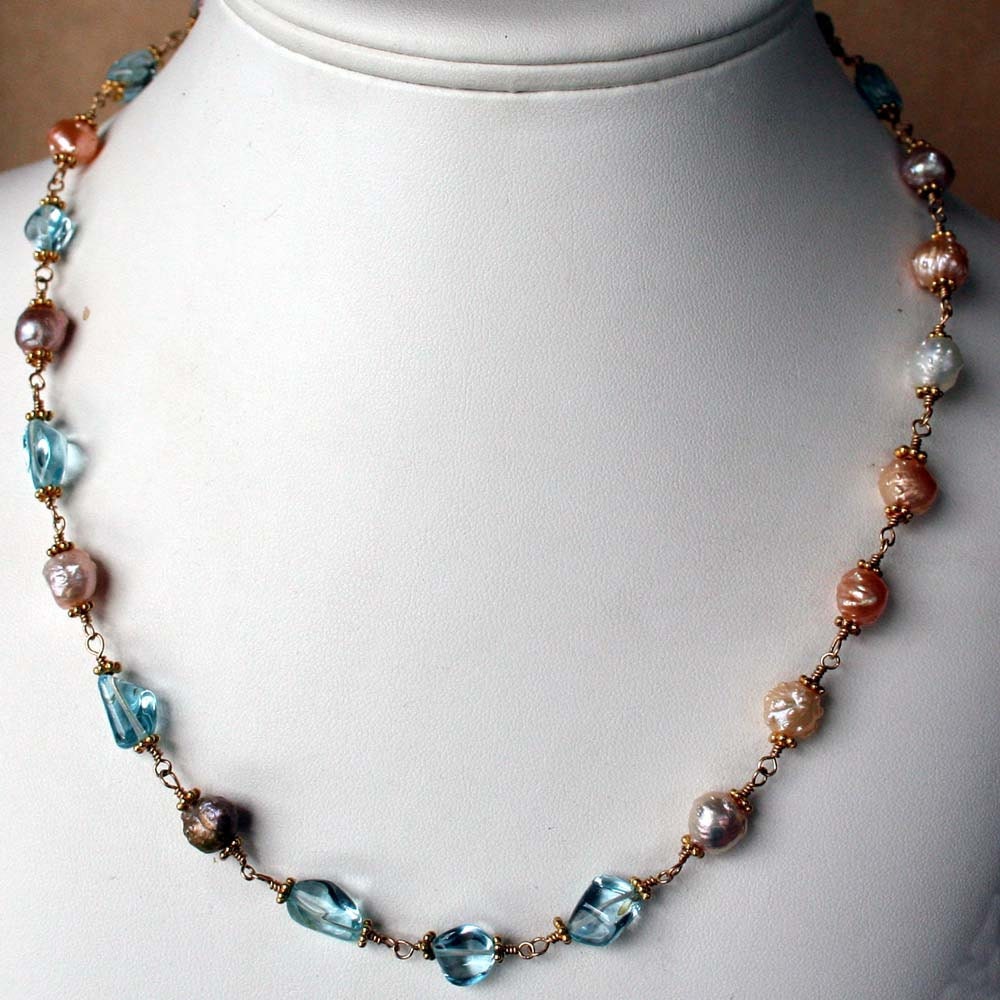 Blue Topaz and Pearl Necklace, Gemstone and Pearl Necklace, Bridal Necklace, Wedding Necklace, Pearl Necklace, Blue Topaz Necklace