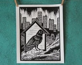 a bird in the hand - linocut print