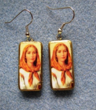 FREE US SHIPPING Saint Dymphna Recyled Upcycled Domino Art Earrings 2D