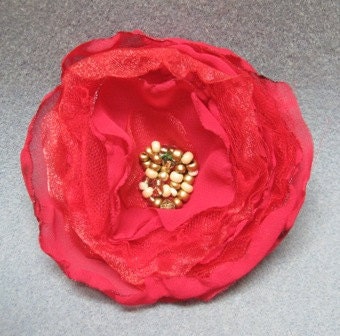 Red Chiffon Organza Handmade Fabric Flower Beads Hair Clip 6 Boho Chic