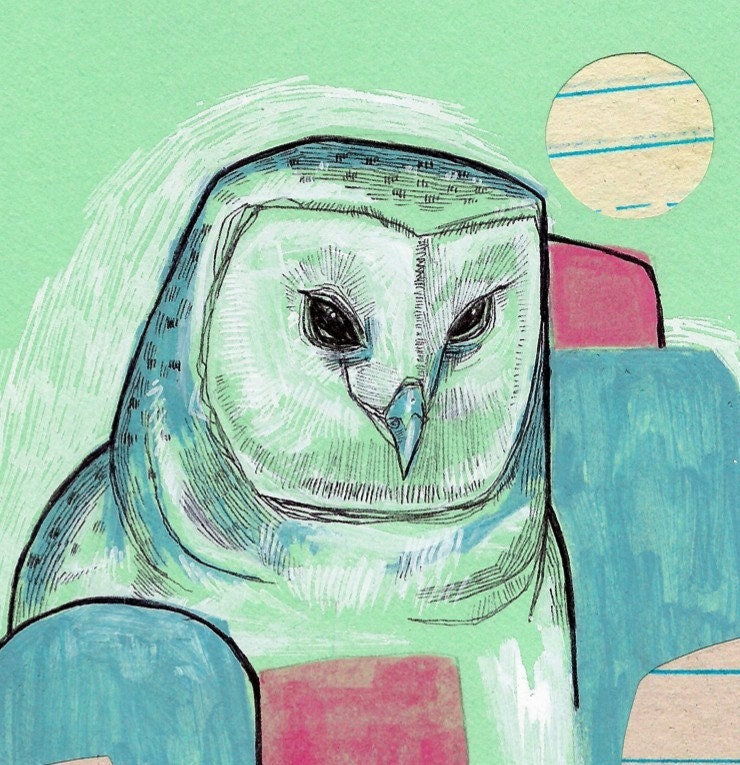 Spring Six Owl field study bird watching barn owl abstract wildlife woodland forest drawing art small format print