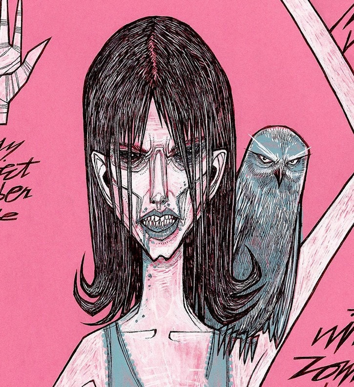 Zombie Hers undead ghoul horror scary girl woman creepy owl walking dead zombie scary full color drawing art print