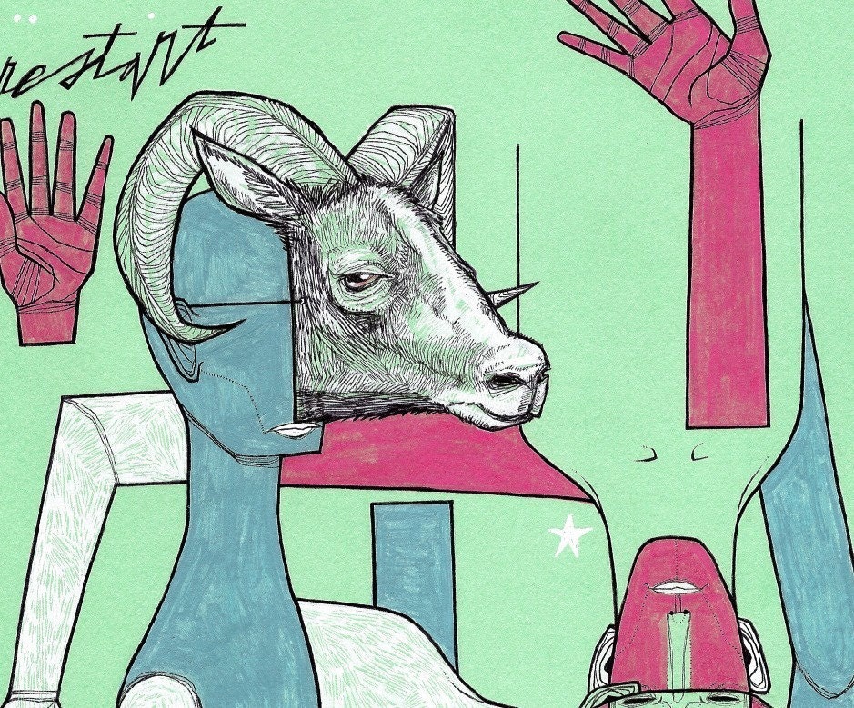 Sheep Mask aka: Restart full color sheep ram animal wildlife mountain goat woodland mask anthropomorphic drawing art print