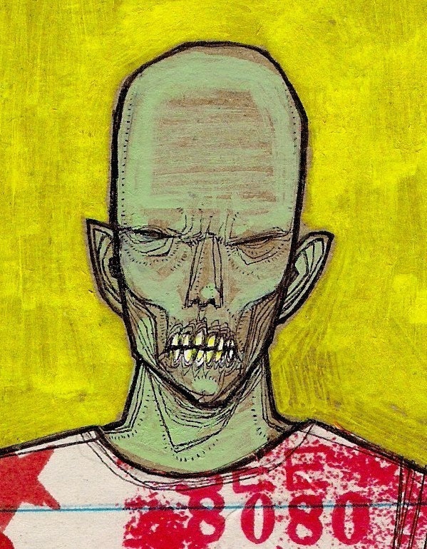 Quick Zombie on Yellow full color undead zombie morbid horror walking dead ghoul drawing art print