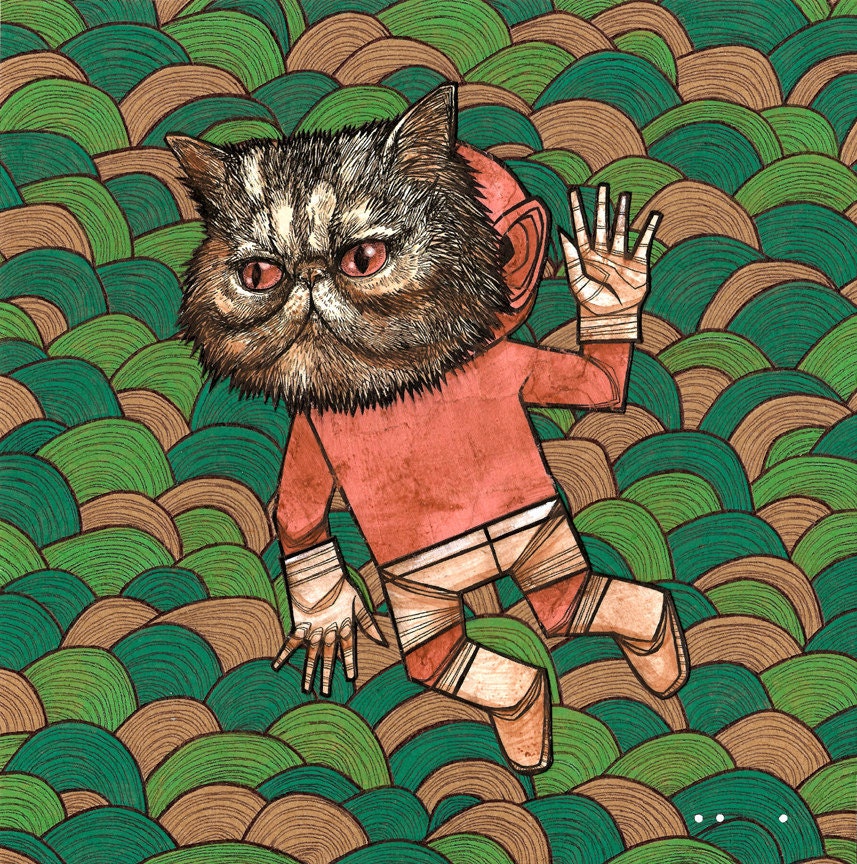 Cat Mask Boy full color flat faced cat Ron Swanson animal mask anthropomorphic cute kawaii whimsical art print poster