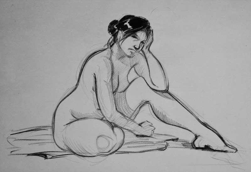 Affordable Figure Drawing, Pensive Female Seated on Floor, Drawn from Life