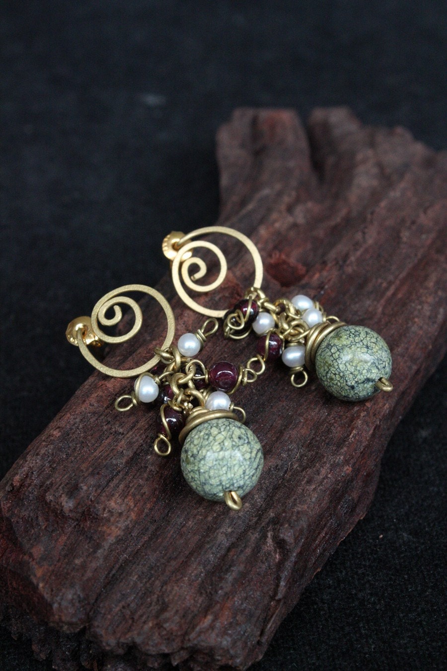 Spiral Flower Drop Jasper Studs
