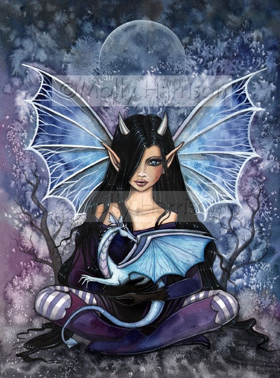Sapphire Dragon Fairy and Dragon Watercolor Giclee Print by Molly Harrison