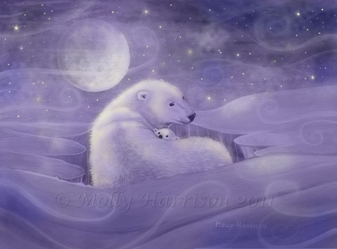 Gentle Winter - Polar Bear and Cub Fine Art Giclee Print by Molly Harrison 9 x 12