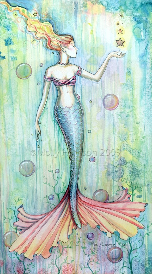 Mermaid Art Fantasy Print by Molly Harrison 11 x 17  'Bubbles'