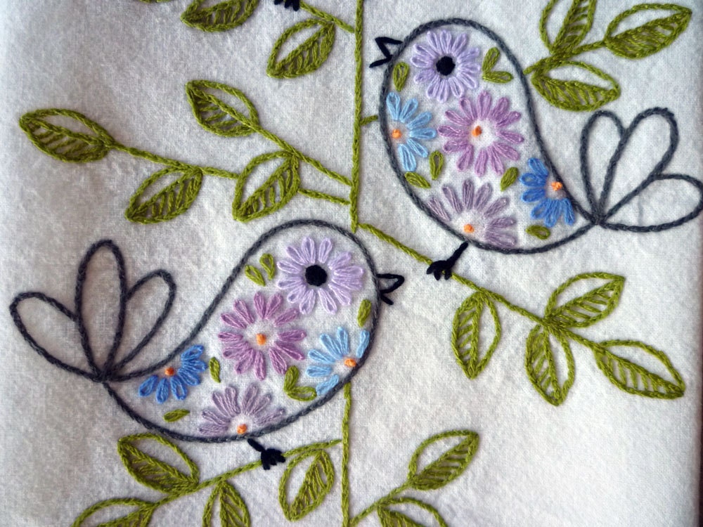 Retro Birds Hand-Embroidered Towel/Tea-Towel/Dishtowel