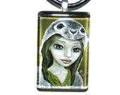 Selkie - seal woman - glass tile pendant - wearable art necklace featuring print of painting by Tanya Bond
