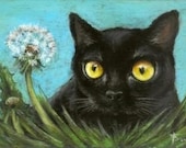 To blow or not to blow - black cat contemplating over a dandelion - 5x7 print of an original painting by Tanya Bond