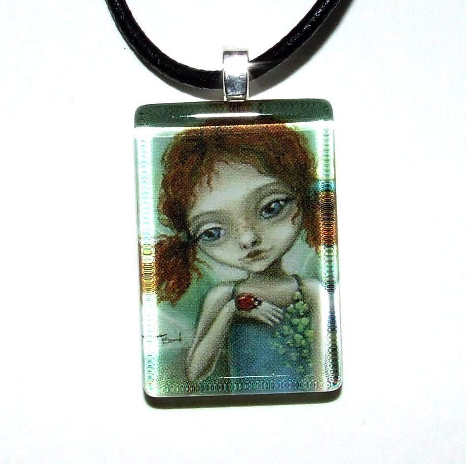 Irish Pixie - glass tile pendant - wearable art necklace featuring print of painting by Tanya Bond