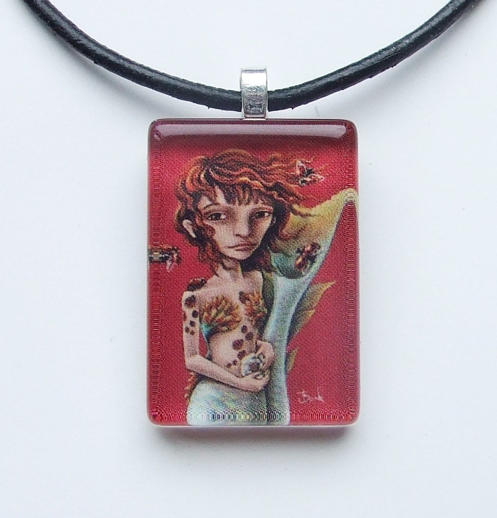 Seaflower - glass tile pendant - wearable art necklace featuring print of a mermaid drawing by Tanya Bond