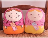 friendly "matryoshkas Dominika & Carminita" -- (set of 2) -- matryoshka style doll/pillow/plush/softie/decor