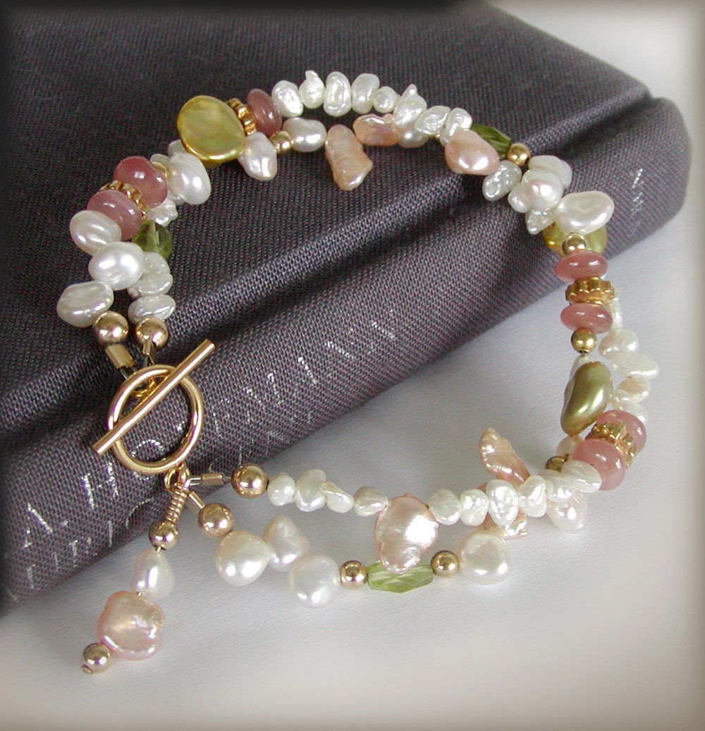 Keishi Pearl Bracelet - Multi Strand, Peridot, Rhodochrosite, Gold Filled